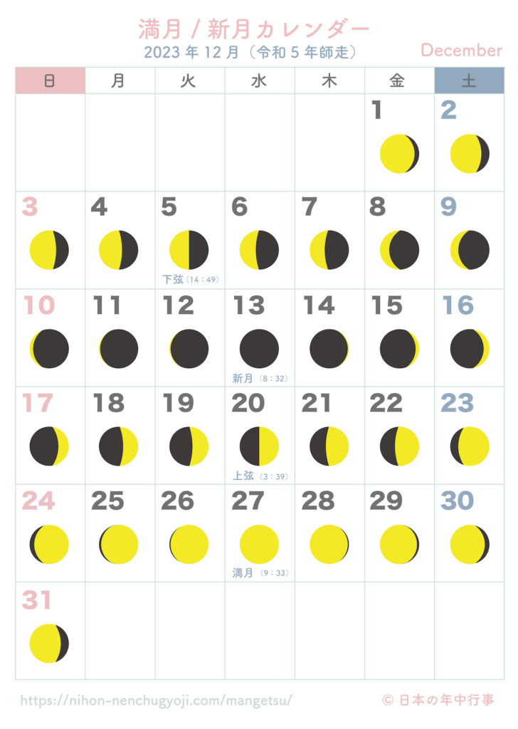 満月・新月カレンダー【2023年12月】｜無料ダウンロード＆印刷 日本の年中行事
