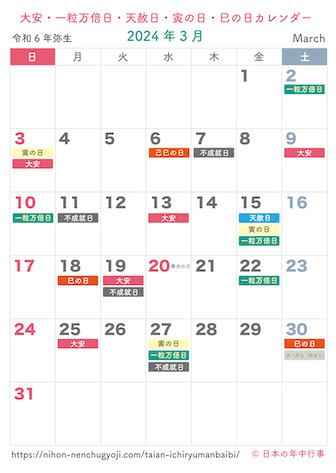 大安・一粒万倍日・天赦日・寅の日・巳の日カレンダー【2024年3月】