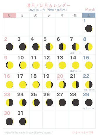 満月・新月カレンダー【2025年3月】｜無料ダウンロード＆印刷