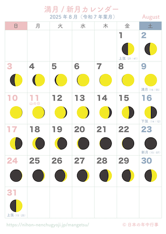 満月・新月カレンダー【2025年8月】｜無料ダウンロード＆印刷