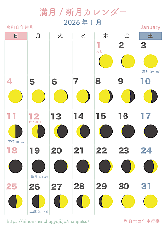 満月・新月カレンダー【2026年1月】|無料ダウンロード&印刷