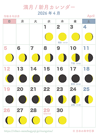 満月・新月カレンダー【2026年4月】|無料ダウンロード&印刷