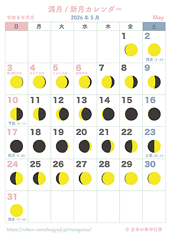 満月・新月カレンダー【2026年5月】|無料ダウンロード&印刷