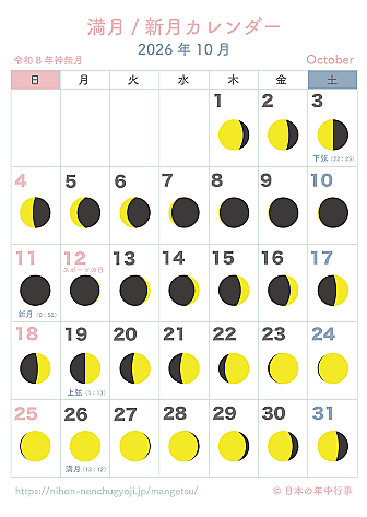満月・新月カレンダー【2026年10月】|無料ダウンロード&印刷